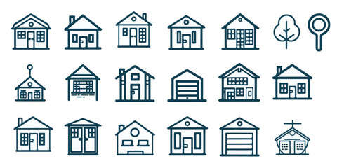 This set includes various blue line icons of houses, trees, and real estate elements, perfect for property-related websites and marketing materials.
