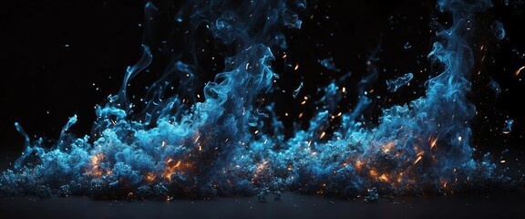 Abstract blue fire particles with embers and sparkson plain black background from Generative AI - obrazy, fototapety, plakaty