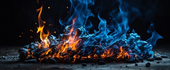 Abstract blue flame with embers and sparkson plain black background from Generative AI