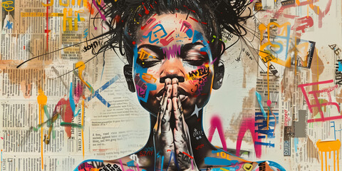 Graffiti, collage of grunge newspapers and multicolored painting splash, illustration of an African woman praying with joined hands, hope for peace, urban graphic artwork, street art, mixed media