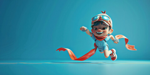 Fototapeta premium Adventurous young boy wearing red and blue costume flying through the air in 3D illustration