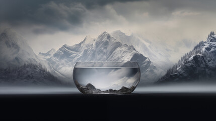 A glass vessel captures the essence of wilderness, its contents a tribute to untamed beauty. Beyond, snow-draped peaks merge with the horizon. The water flows--a silent hymn to life, echoing through v - obrazy, fototapety, plakaty