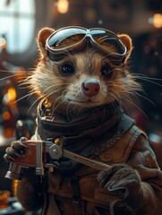 Closeup of a determined ferret mechanic goggles on holding a tiny wrench engrossed in fixing a spaceship engine with the elegant cafe decor softly blurred in the background