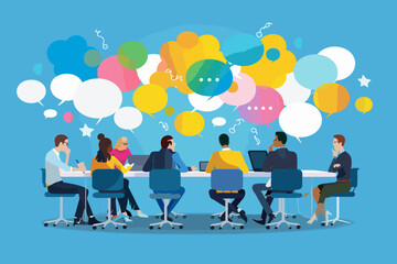 Collaborative brainstorming session: Business team engages in lively discussion, sharing ideas and opinions through speech bubbles to fuel innovation and problem-solving. - obrazy, fototapety, plakaty