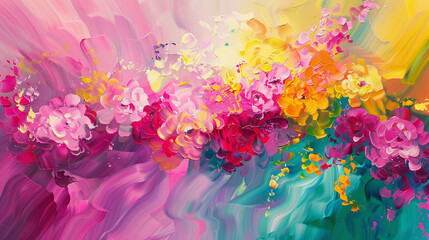 Vibrant abstract art inspired by a spring garden in full bloom in pinks, yellows, and greens. , - obrazy, fototapety, plakaty