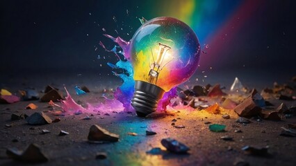 A light bulb breaks and the color spills out - obrazy, fototapety, plakaty