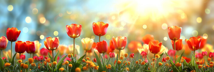 beautiful blooming tulips in field, Spring background with red tulips in the meadow on a sunny day. Spring concept banner  - obrazy, fototapety, plakaty