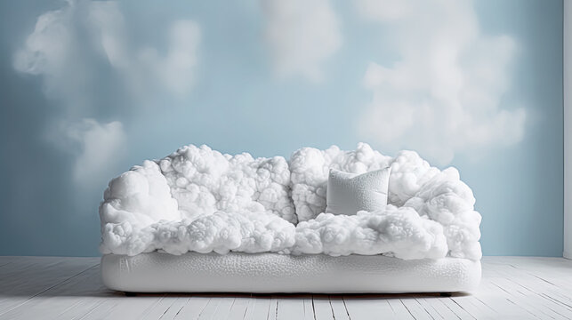 A white couch with clouds on it sits in front of a window. The couch is covered in white foam and looks like it's made of cotton balls