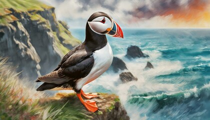 Puffin standing on a sea cliff with waves crashing below and a cloudy sky overhead. The puffin's...
