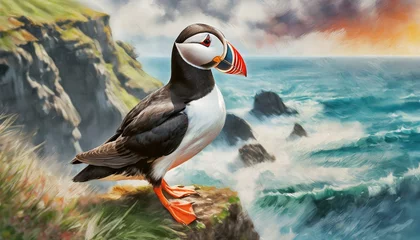 Foto op Plexiglas Puffin standing on a sea cliff with waves crashing below and a cloudy sky overhead. The puffin's distinctive black and white plumage and colorful beak contrast with the rugged, Ai Generated © Muhammad