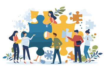 Collaborative problem-solving: Business team connects jigsaw pieces, working together to overcome challenges and achieve shared success through cooperation and teamwork.