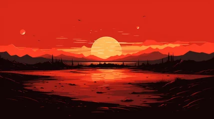 Papier Peint photo Rouge 2 beautiful view of sunset over lake wallpaper. A landscape of Sunset over lake. landscape with a lake and mountains in the background. landscape of mountain lake and forest with sunset in evening.