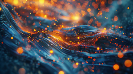 A group of glowing fireflies dancing in a captivating abstract fluid background.