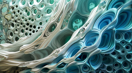A mosaic of kinetic sculptures coming alive in a captivating abstract fluid background. - obrazy, fototapety, plakaty