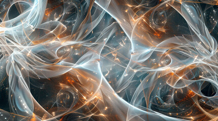 A network of intertwining energy waves generating complex patterns in a stunning abstract fluid background.