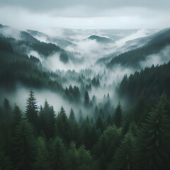 evergreen forest view from overhead, fog rolling in, looks like the pacific northwest

