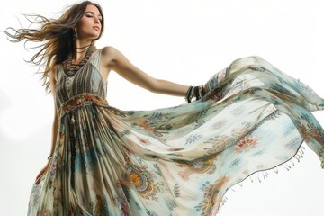 Pretty Young Woman in Boho Maxi Dress: Showcase the pretty young woman in a flowing bohemian maxi dress adorned with floral prints and delicate embroidery - obrazy, fototapety, plakaty