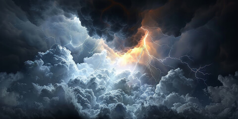 The dark clouds in the sky, lightning and thunder, storm  Weather background banner  - obrazy, fototapety, plakaty
