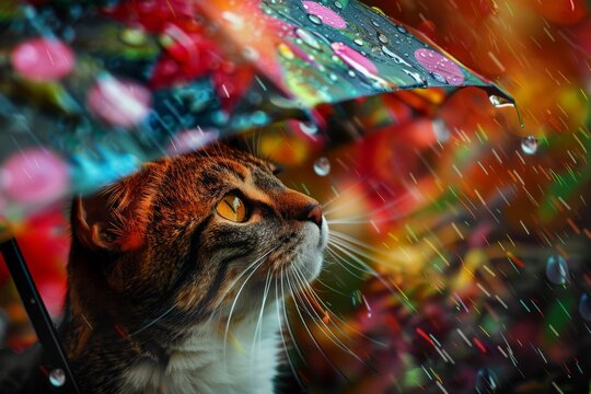 Portrait of a curious cat under a polka dot rain cover.