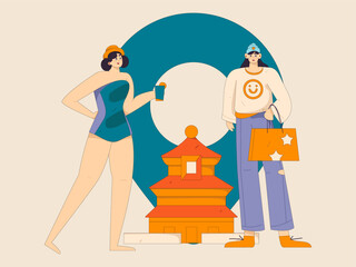 Holiday travel travel characters internet background vector hand drawn illustration
