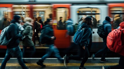 Obraz premium Rush Hour Race: Commuters in Motion, Sprinting Towards the Closing Doors of a City Train, Capturing the Essence of Urban Life’s Fast Pace