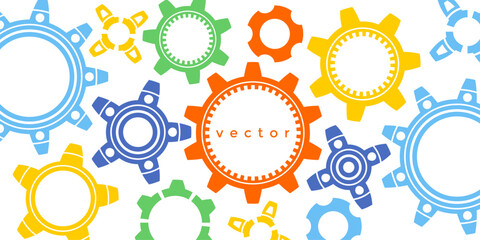 Multi-colored gears. Rotating mechanism of round parts .Machine technology. Vector illustration.