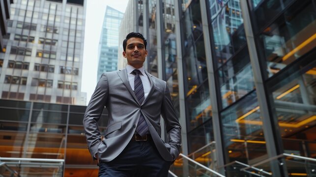Illustrate financial success and prosperity with an image of a confident businessperson standing against a backdrop of a bustling financial district