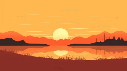 Stoff pro Meter beautiful view of sunset over lake wallpaper. A landscape of Sunset over lake. landscape with a lake and mountains in the background. landscape of mountain lake and forest with sunset in evening. © jokerhitam289