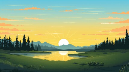 Obraz premium beautiful view of sunset over lake wallpaper. A landscape of Sunset over lake. landscape with a lake and mountains in the background. landscape of mountain lake and forest with sunset in evening.