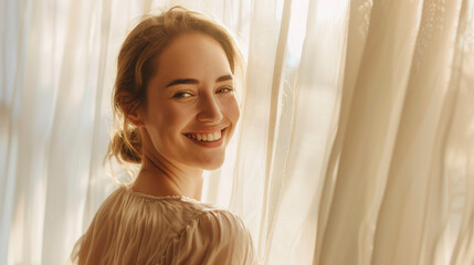 Caucasian Woman Gracefully Opening Curtains in Sunlit Bedroom, Radiant Smile Lighting Room with Warmth. Serene Beauty.