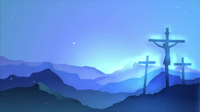Good friday holy animation. Jesus Christ Crucified On The Cross and the blue sky with twinkling shooting stars. Video animation in 4k quality