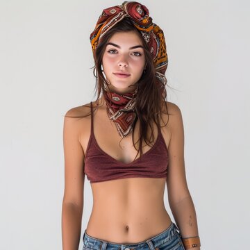 Pretty Young Woman in Boho-Chic Headscarf and Cropped Tank Top photo on white isolated background