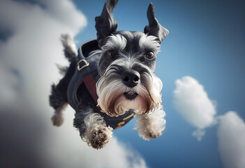 A dog jumps with a parachute, falls down against the sky. AI generated