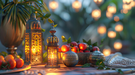 Lantern and Fruit In Front of Mosque, Ramadan Kareem, Islamic Celebration, Muslim's Festival, Eid ul Fitr, Eid al Adha, Generative Ai