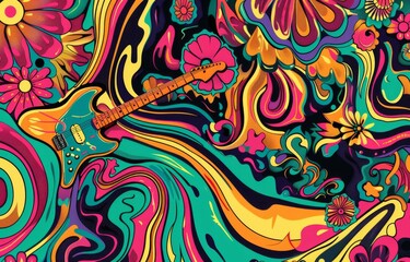 A 60s rock concert poster with vibrant psychedelic designs, perfect for a music festival-themed retro banner