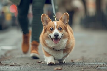 Happy corgi walking in the street with his owner - obrazy, fototapety, plakaty