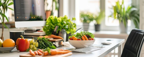 A clean nutritionist's office with a digital food analysis tool, providing space for dietary and health innovation content