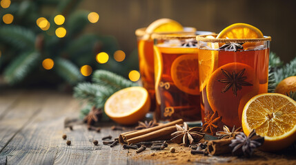 A glass of mulled wine adorned with slices of oranges, cinnamon and anise on a rustic wooden 