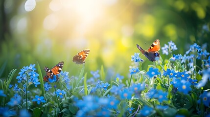 Beautiful spring background with blue forgetmenot flowers and butterflies in the sunlight.