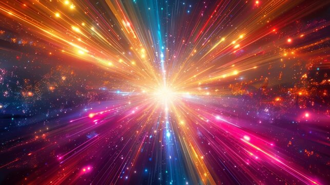 Radiant beams of light converging at a focal point and spreading outwards in a kaleidoscope of color and form