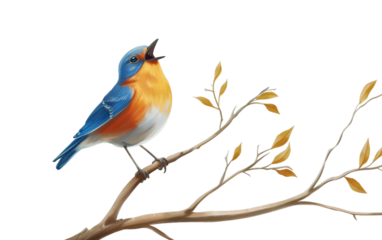 Beautiful Bluebird Singing Serenely on Branch Isolated on Transparent Background.