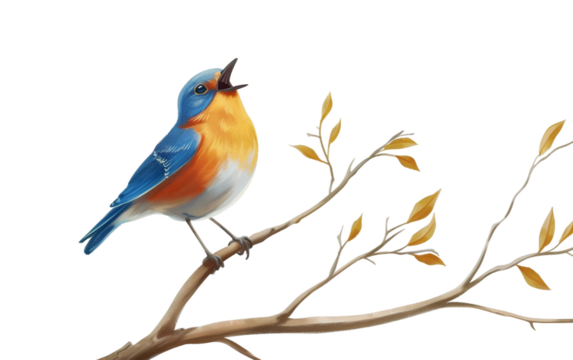 Beautiful Bluebird Singing Serenely on Branch Isolated on Transparent Background.