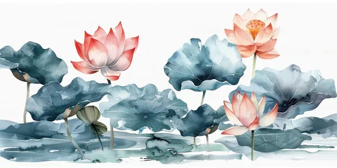 Foto op Canvas Watercolor painting of serene pond with lotus flowers, water lilies, and various aquatic plants in bloom © SHOTPRIME STUDIO