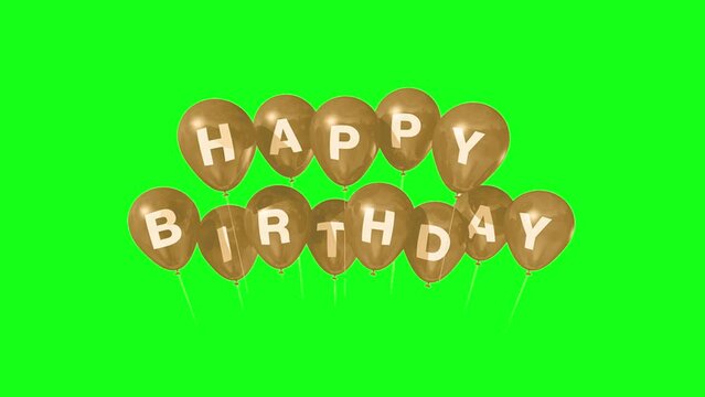 Animation flying balloons with text happy birthday isolated on green screen background. Celebration video for editing Anniversary, party, greeting card
