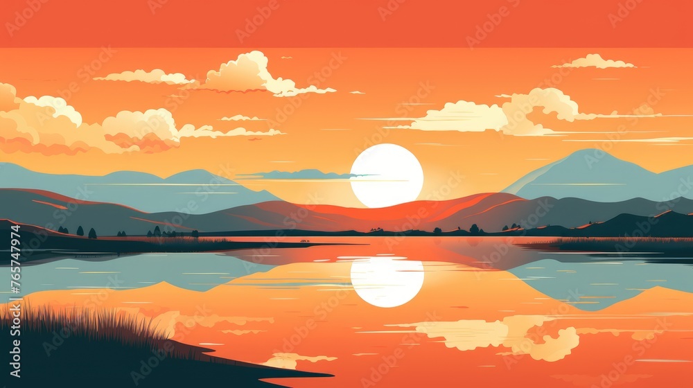 Wall mural beautiful view of sunset over lake wallpaper. A landscape of Sunset over lake. landscape with a lake and mountains in the background. landscape of mountain lake and forest with sunset in evening.