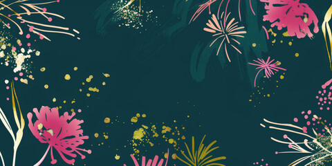 Fototapeta na wymiar A dark blue background with golden fireworks with flowers, 