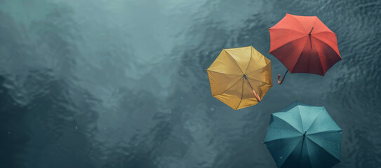 Three umbrellas in red, gold and blue stand out clearly against the gray, rain-drenched sky...
