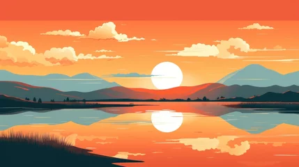 Fototapete Orange beautiful view of sunset over lake wallpaper. A landscape of Sunset over lake. landscape with a lake and mountains in the background. landscape of mountain lake and forest with sunset in evening.