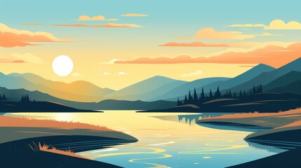 Fototapeta na wymiar beautiful view of sunset over lake wallpaper. A landscape of Sunset over lake. landscape with a lake and mountains in the background. landscape of mountain lake and forest with sunset in evening.