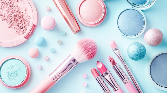Pastel makeup beauty brush powder lipstick cosmetic on isolated background, space wide white background .AI Generated.